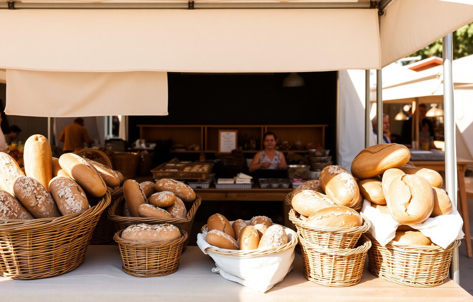 [FARMERS MARKET IMAGE] – artisan bread baskets at a sunny farmers market stall